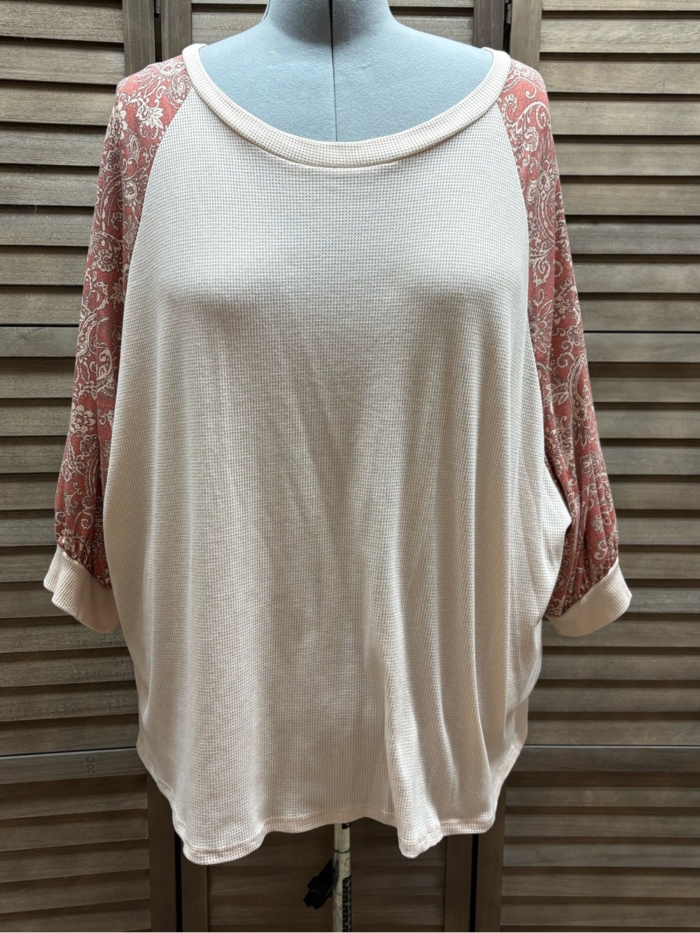 First Love Cream Waffle Raglan Top with Dusty Rose Paisley Sleeves